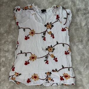White Floral Embroidered Tie-Front V-Neck Blouse